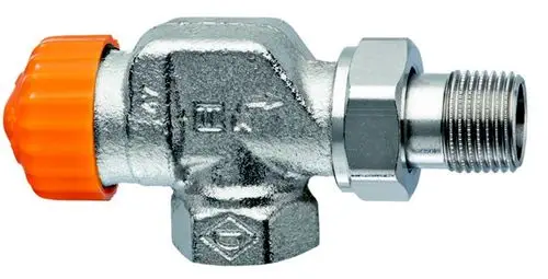 Thermostatventilunterteil in axialer Form mit einer orangefarbenen Abdeckung, aus Metall gefertigt, von IMI Hydronic Engineering.